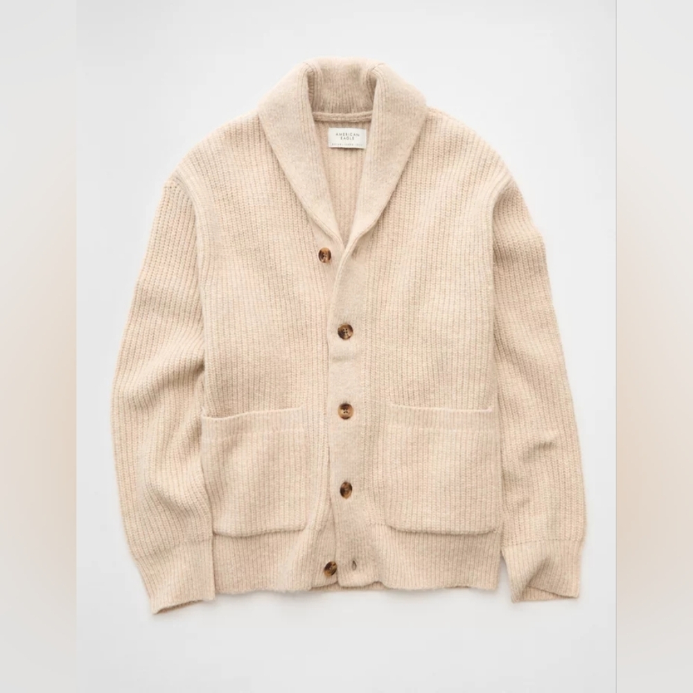 AE Chunky Knit Shawl Cardigan Large Tall In Oatmeal